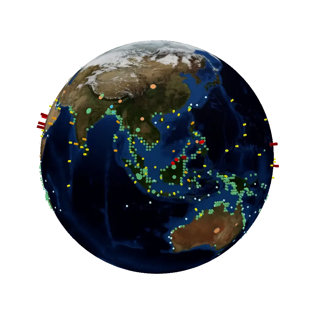 Globe with 214 NOAA coral heat-stress stations, mangrove extent and places in the news